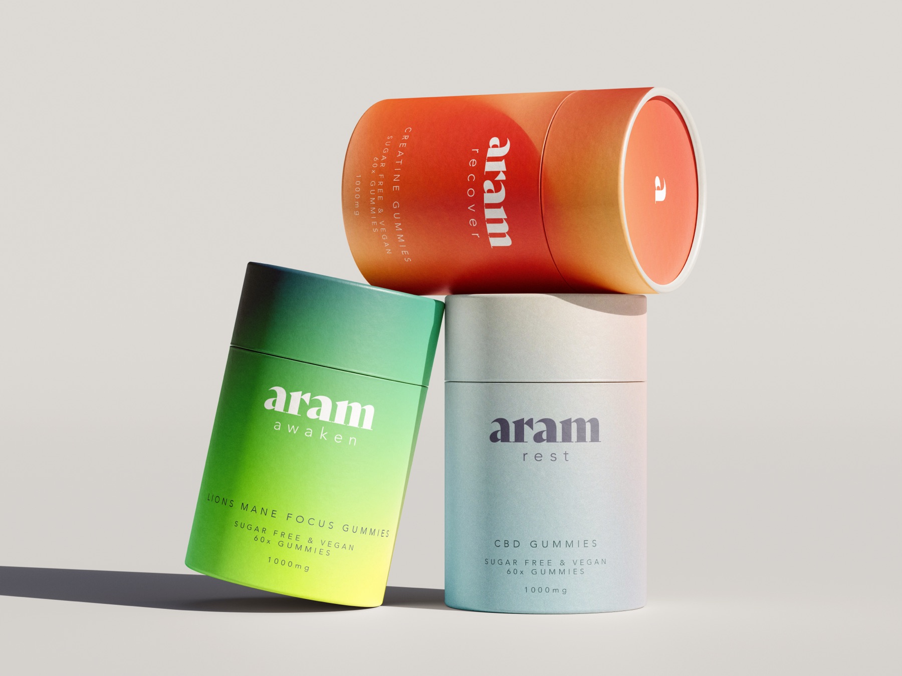 Aram Recover, Awaken and Rest packaging — soft gradient cardboard tubes